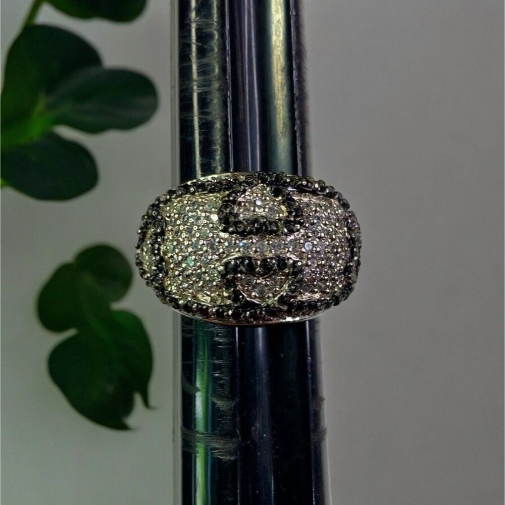 Sterling Silver Heart Dome Ring, Black and Clear CZ Accents in Size 7